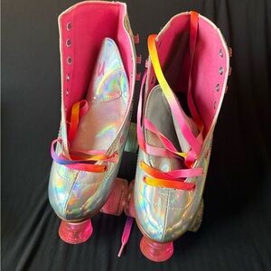 Holographic Pink Roller Skates with Rainbow Laces